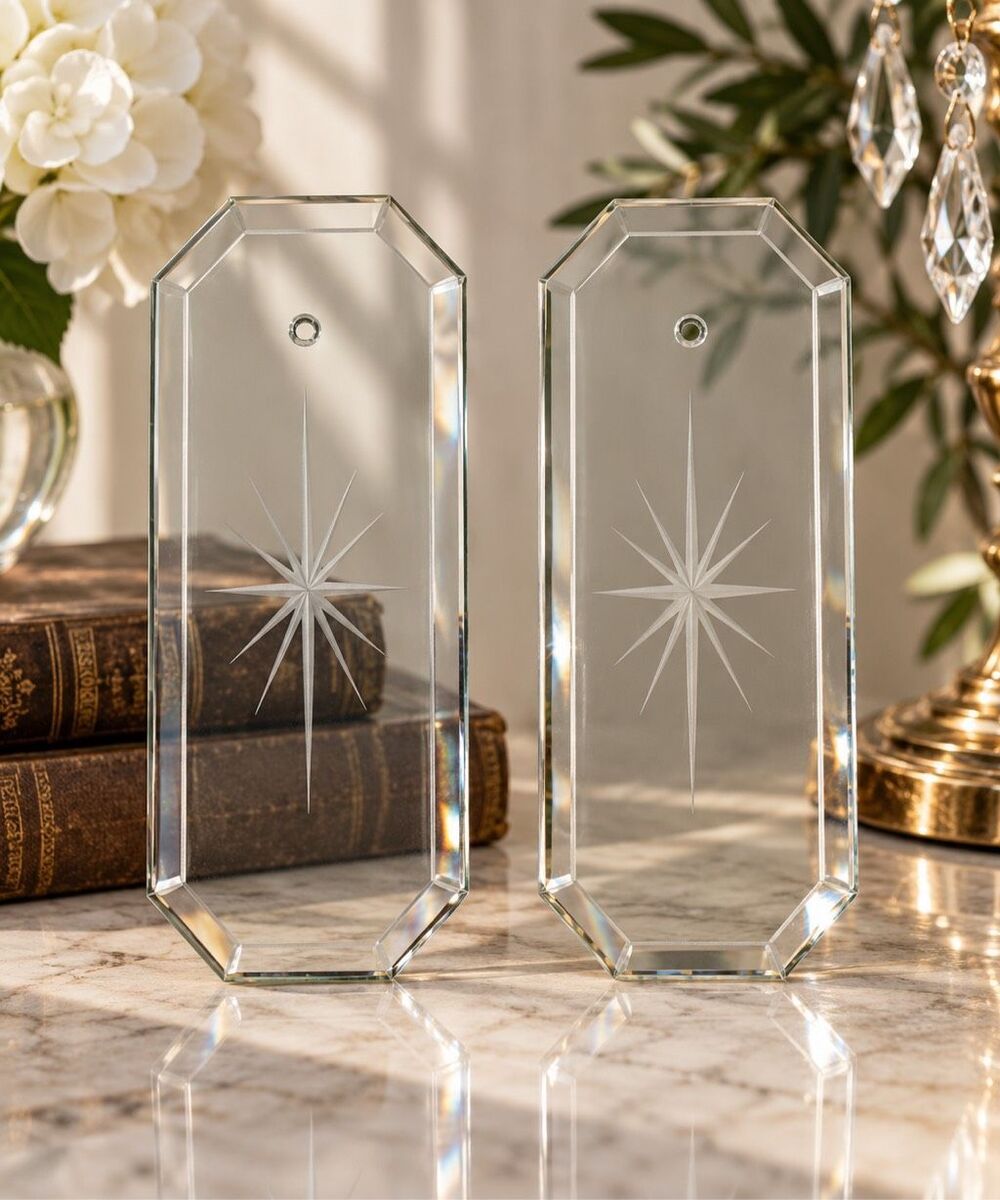 Lot Of 2 Chandelier glass panel replacement 8 5/8  X 3 1/2 Etched 12 Point Star